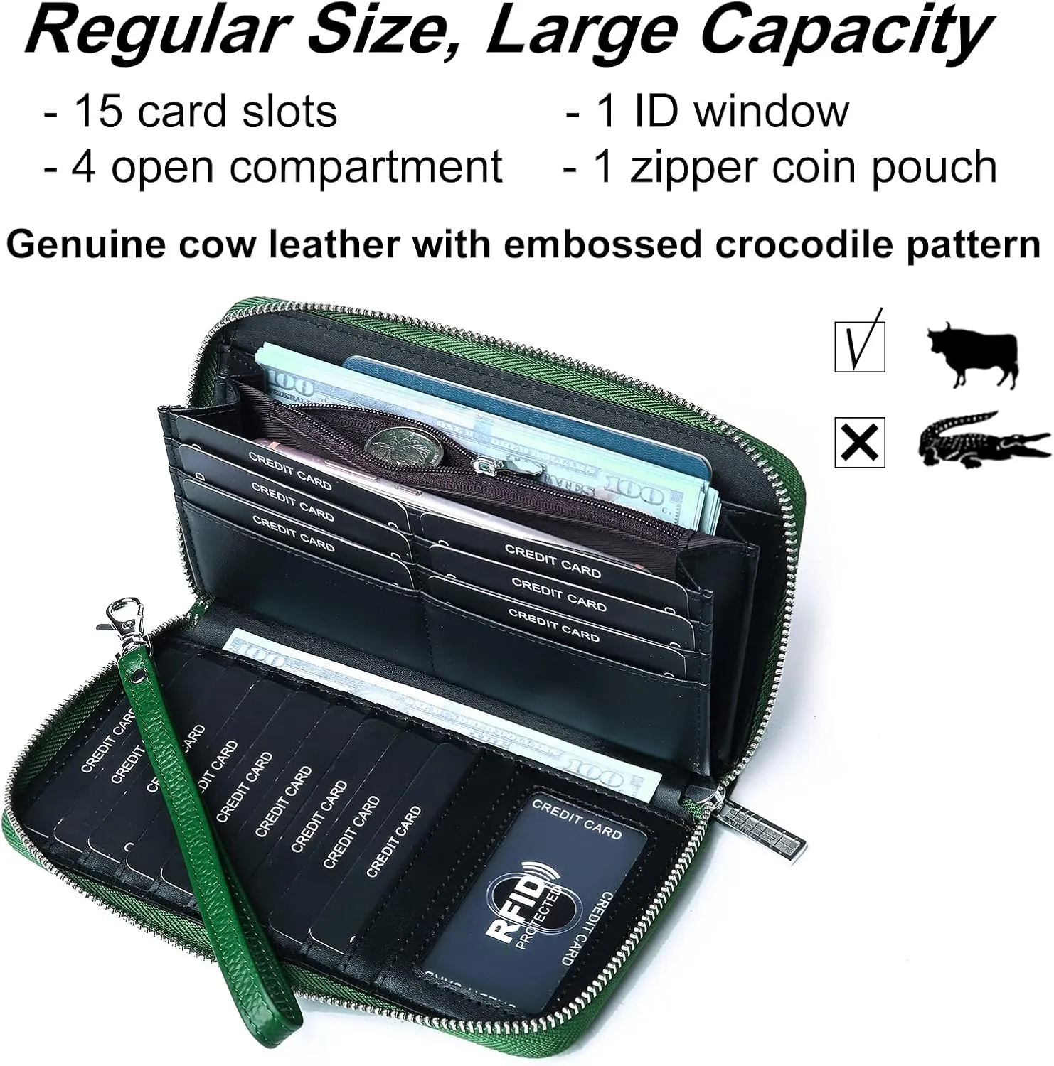 Womens Wallets Large Capacity RFID Blocking Genuine Leather Wallet for Women Zip Clutch Card Holder with Wristlet