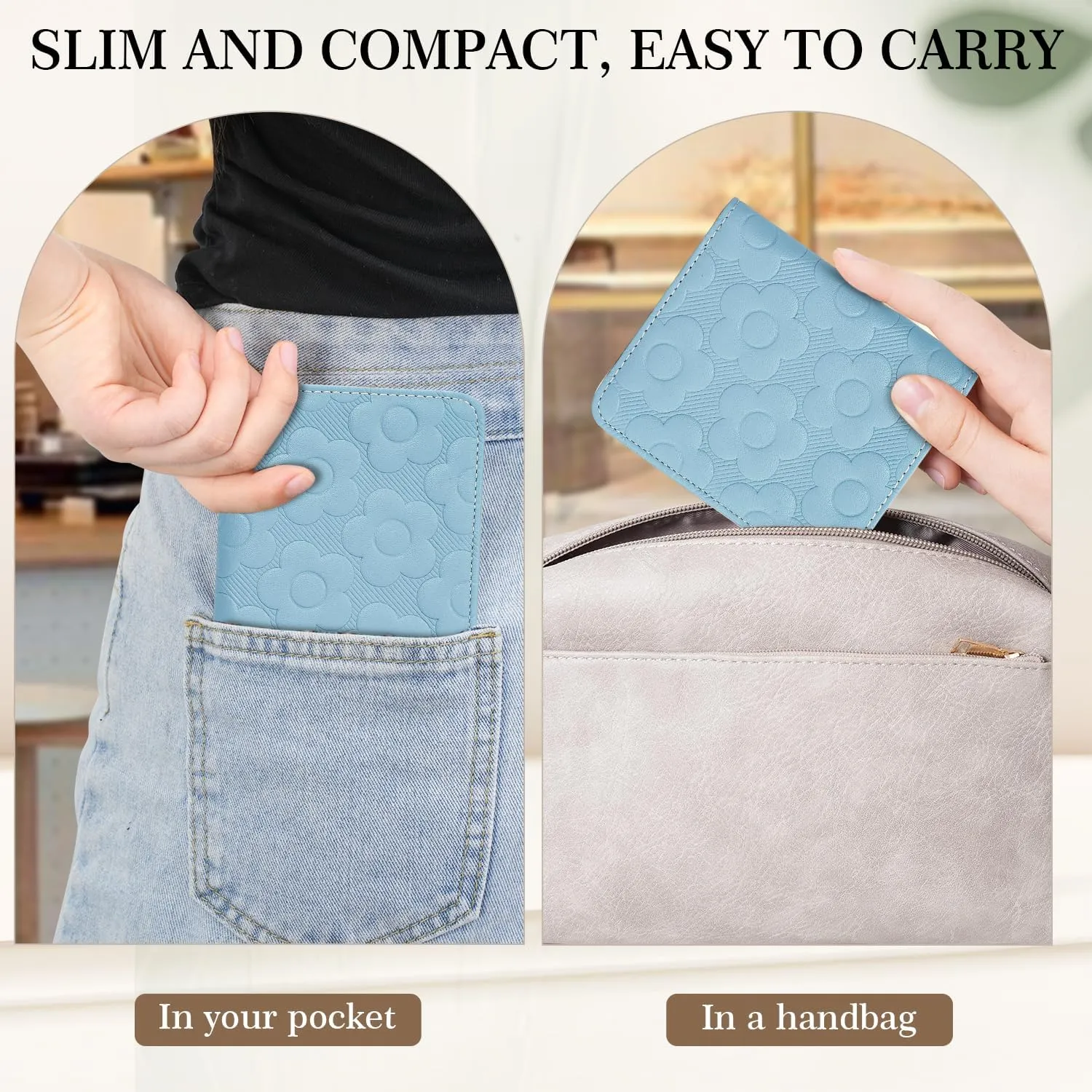 Womens Wallet,Slim Small Wallet Women RFID Bifold Compact Wallets for Women 3D Embossed Leather Wallet with ID Credit Card Holder Zipper Coin Pocket Blue