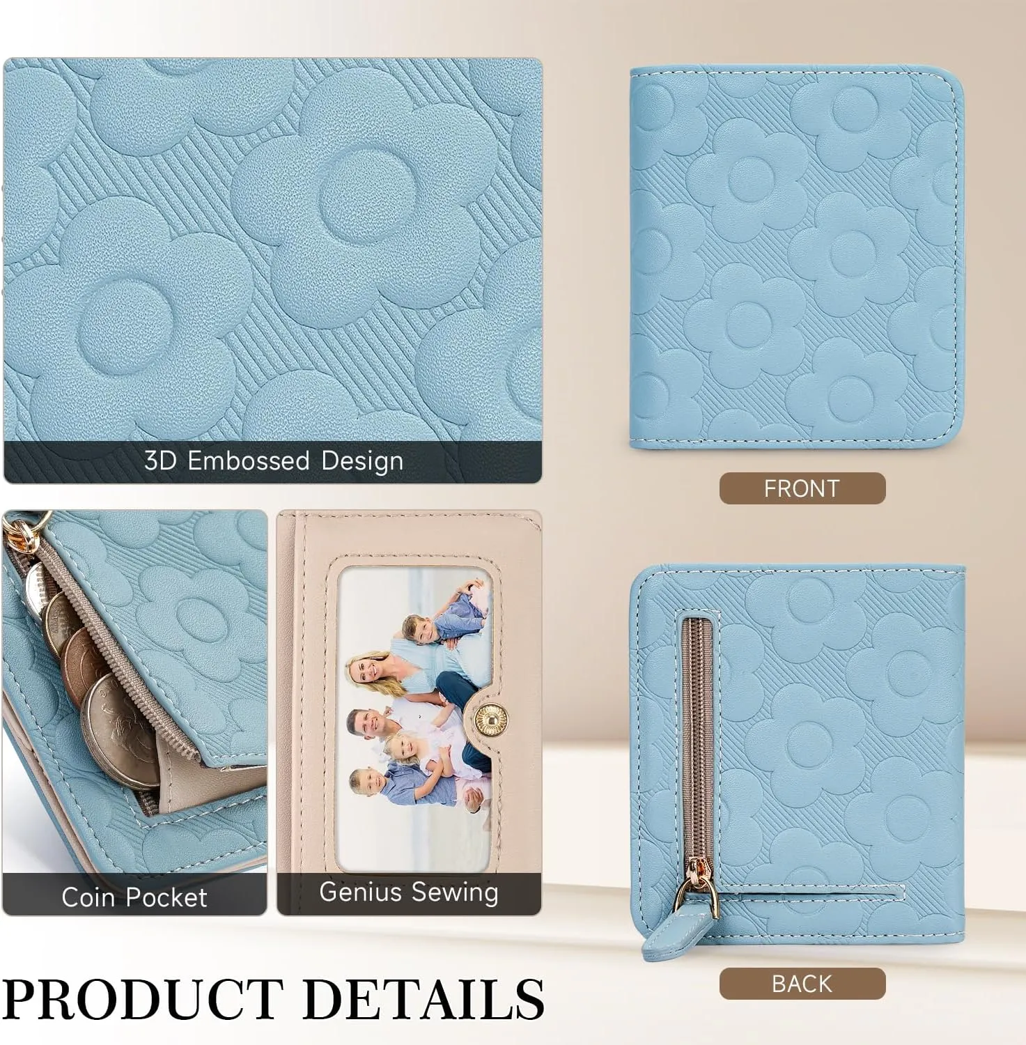 Womens Wallet,Slim Small Wallet Women RFID Bifold Compact Wallets for Women 3D Embossed Leather Wallet with ID Credit Card Holder Zipper Coin Pocket Blue