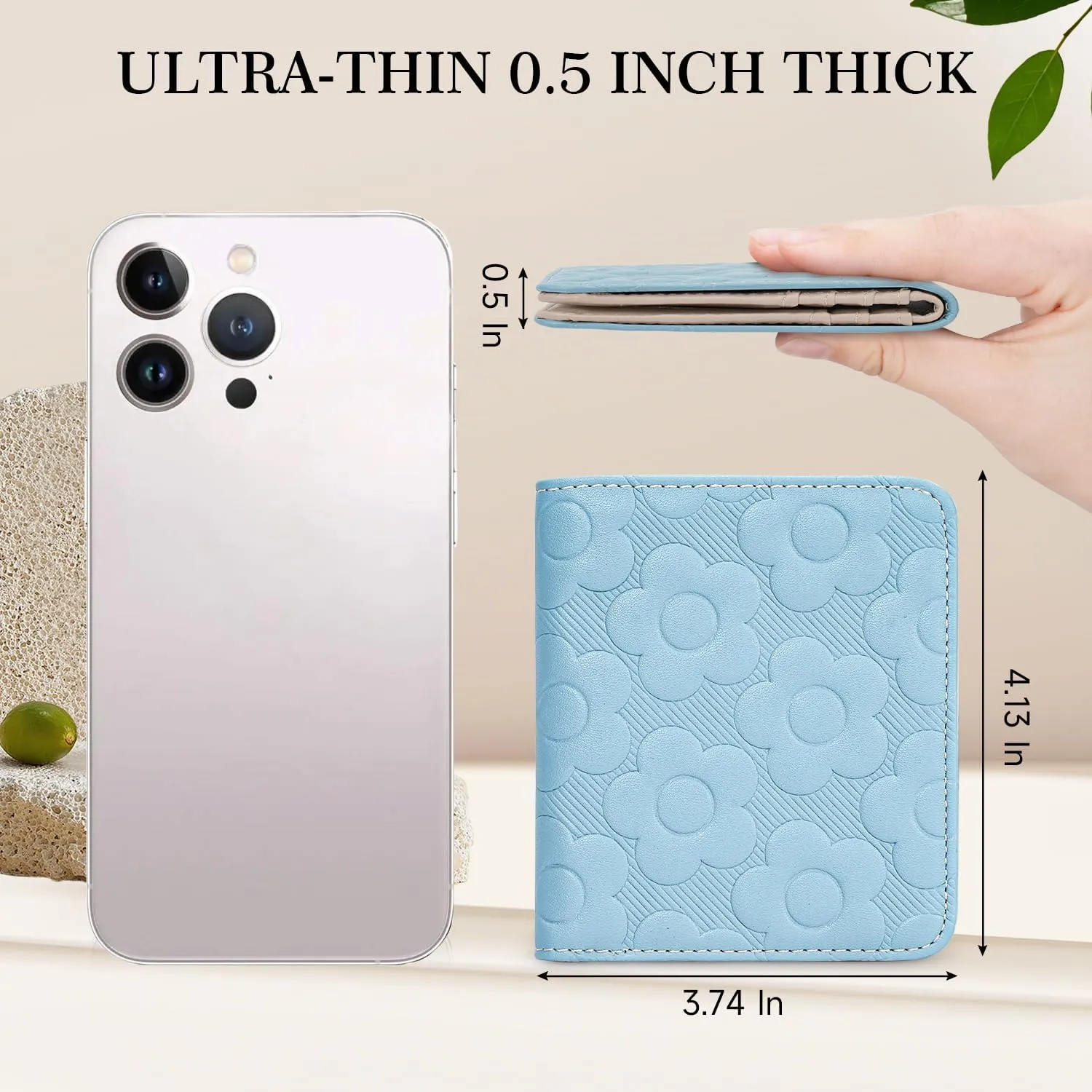 Womens Wallet,Slim Small Wallet Women RFID Bifold Compact Wallets for Women 3D Embossed Leather Wallet with ID Credit Card Holder Zipper Coin Pocket Blue