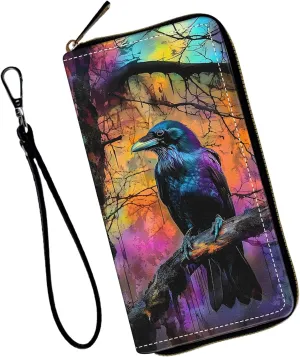 Women's Wallets,Wallet Wristlet for Women (Removable Wristlet) RFID Blocking Credit Card Holder Teen Girls PU Leather Phone Zip Around Men Wallet Clutch Travel Purse,Black Crow
