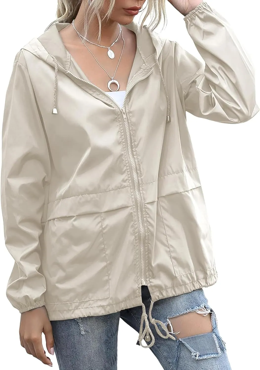 Women's Waterproof Raincoat Lightweight Rain Jacket Hooded Windbreaker with Pockets for Outdoor