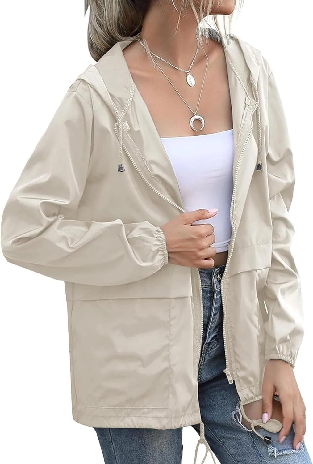 Women's Waterproof Raincoat Lightweight Rain Jacket Hooded Windbreaker with Pockets for Outdoor