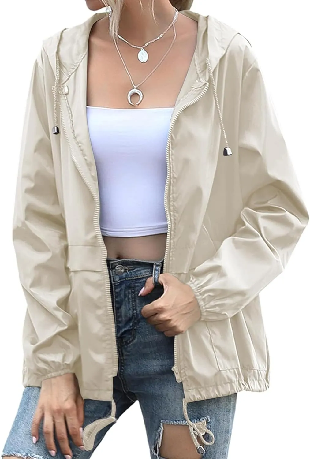Women's Waterproof Raincoat Lightweight Rain Jacket Hooded Windbreaker with Pockets for Outdoor