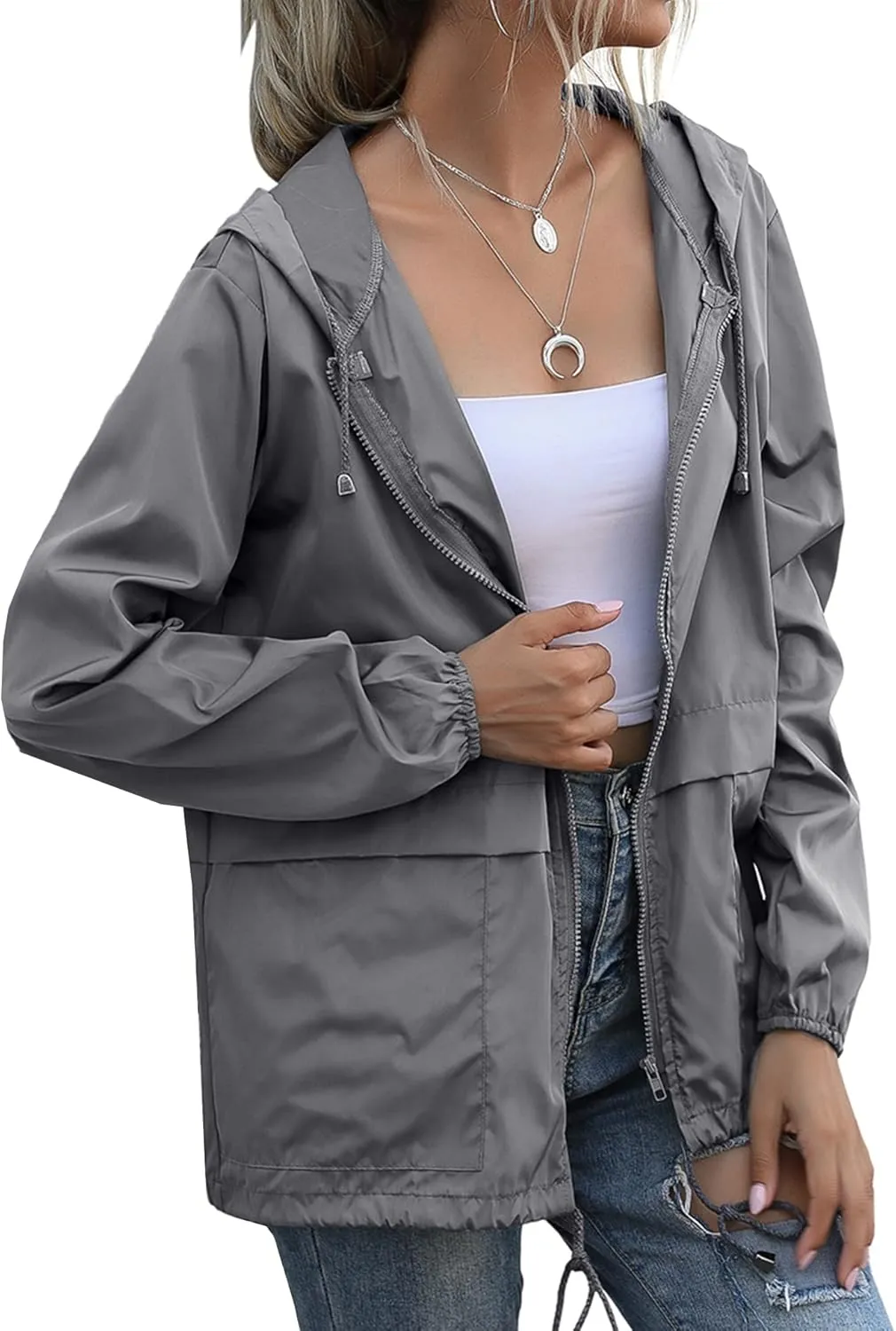 Women's Waterproof Raincoat Lightweight Rain Jacket Hooded Windbreaker with Pockets for Outdoor