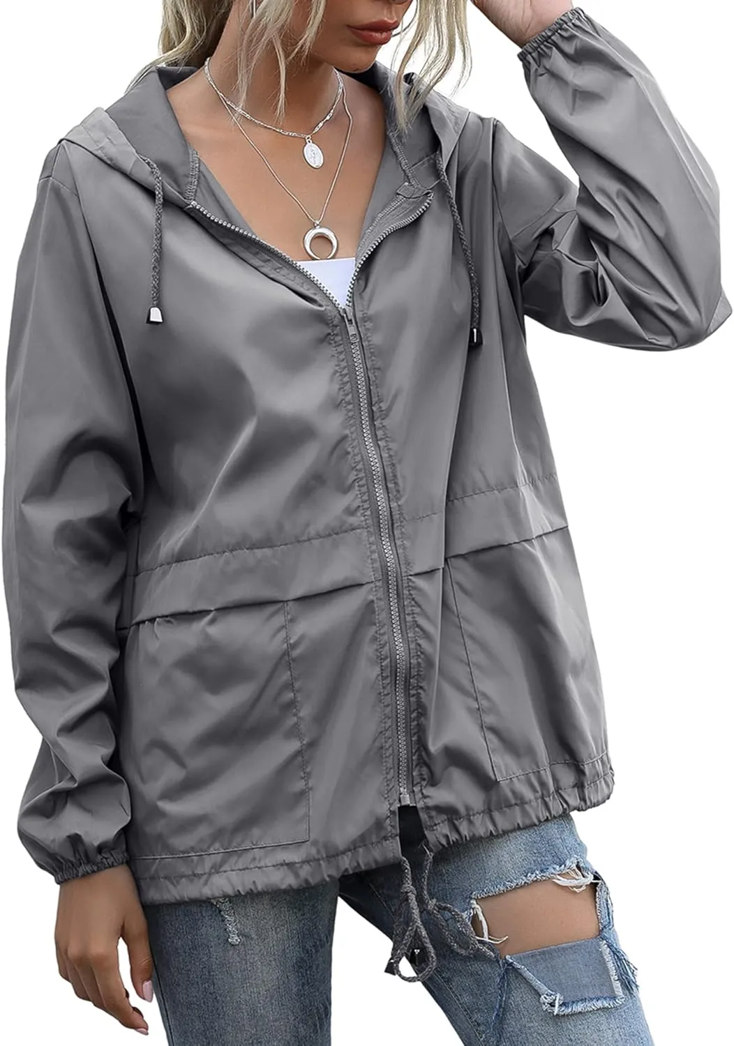 Women's Waterproof Raincoat Lightweight Rain Jacket Hooded Windbreaker with Pockets for Outdoor
