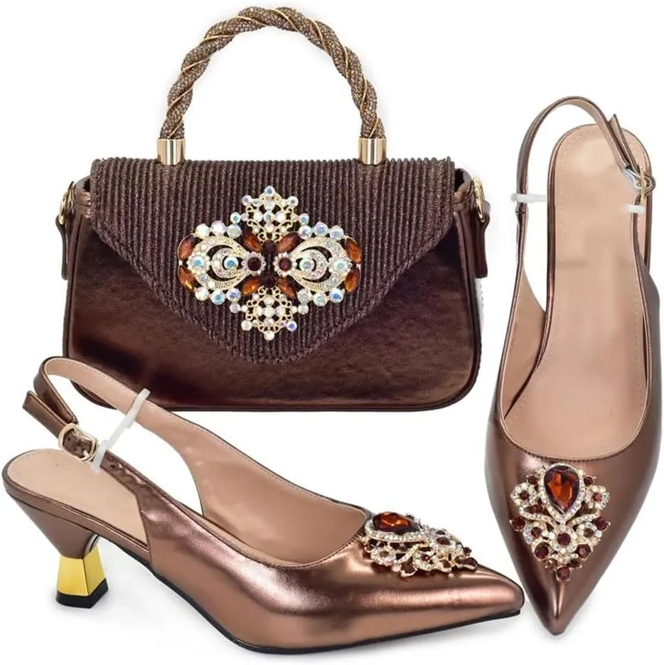 Women’S Wedding Shoes and Bag Set Pointed Toe Thin Heels Slingbacks Pumps with Matching Handbag