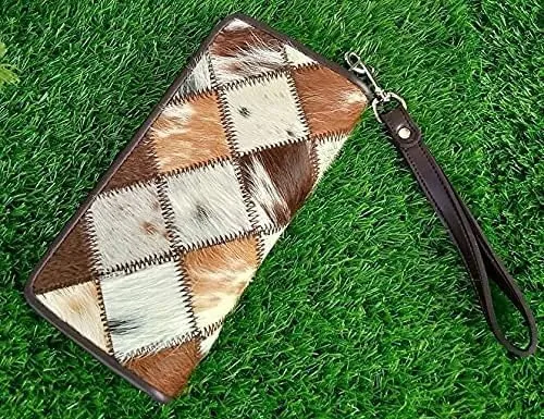 Womens Zipper Wristlet Cowhide Clutch Real Leather Hair on Wallet Western Purse, Handbag Organizer for women (Tricolor Patch)