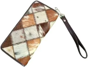 Womens Zipper Wristlet Cowhide Clutch Real Leather Hair on Wallet Western Purse, Handbag Organizer for women (Tricolor Patch)
