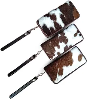 Womens Zipper Wristlet Cowhide Clutch Real Leather Hair on Wallet Western Purse, Handbag Organizer for women (Tricolor)