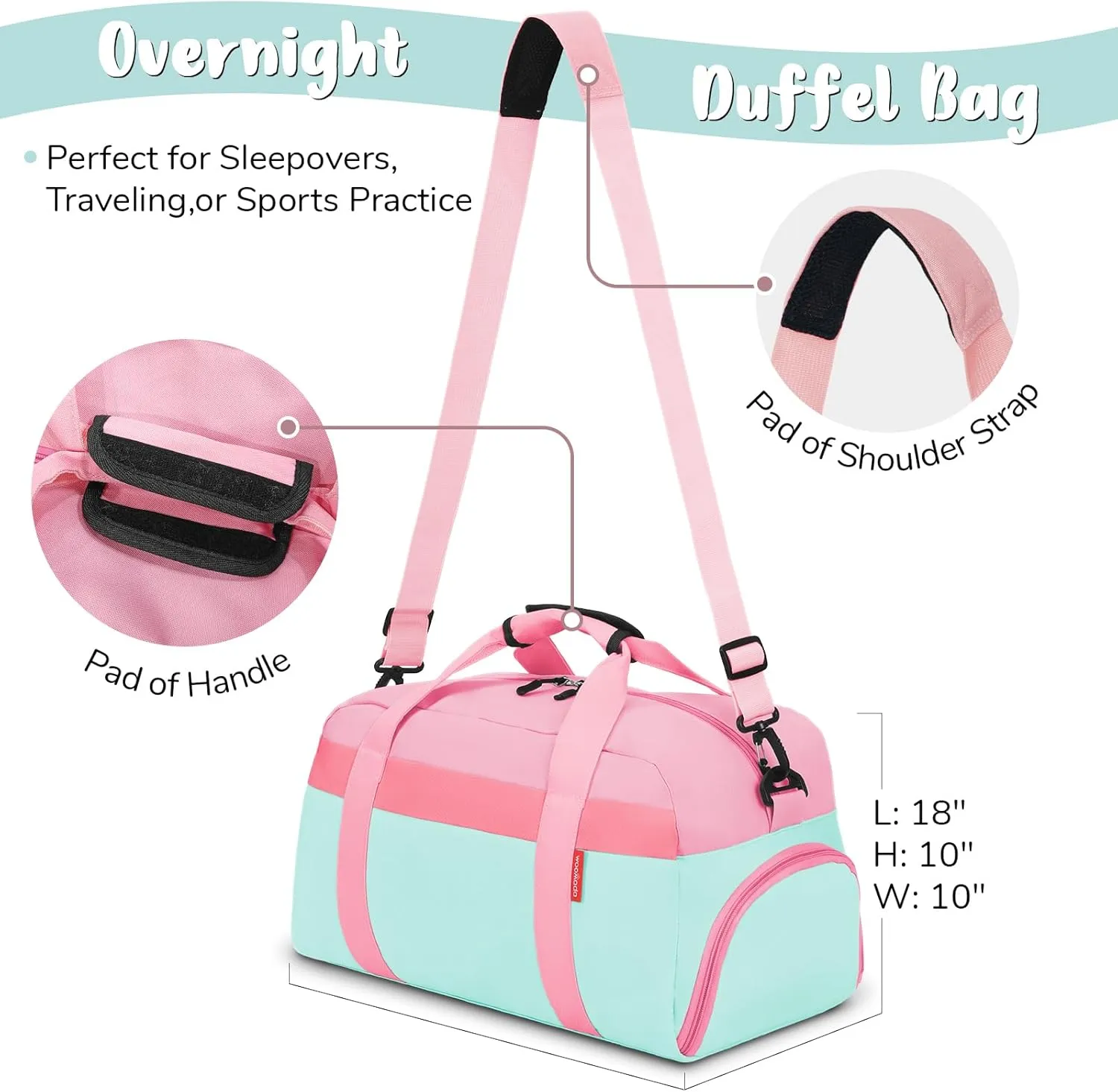 WOOMADA Travel Duffle Bag, Weekend Bag with Wet Pocket & Trolley Sleeve, Overnight Bag With Shoe Compartment, Fit for Sports Practice, Travel and Gifts(pink green)