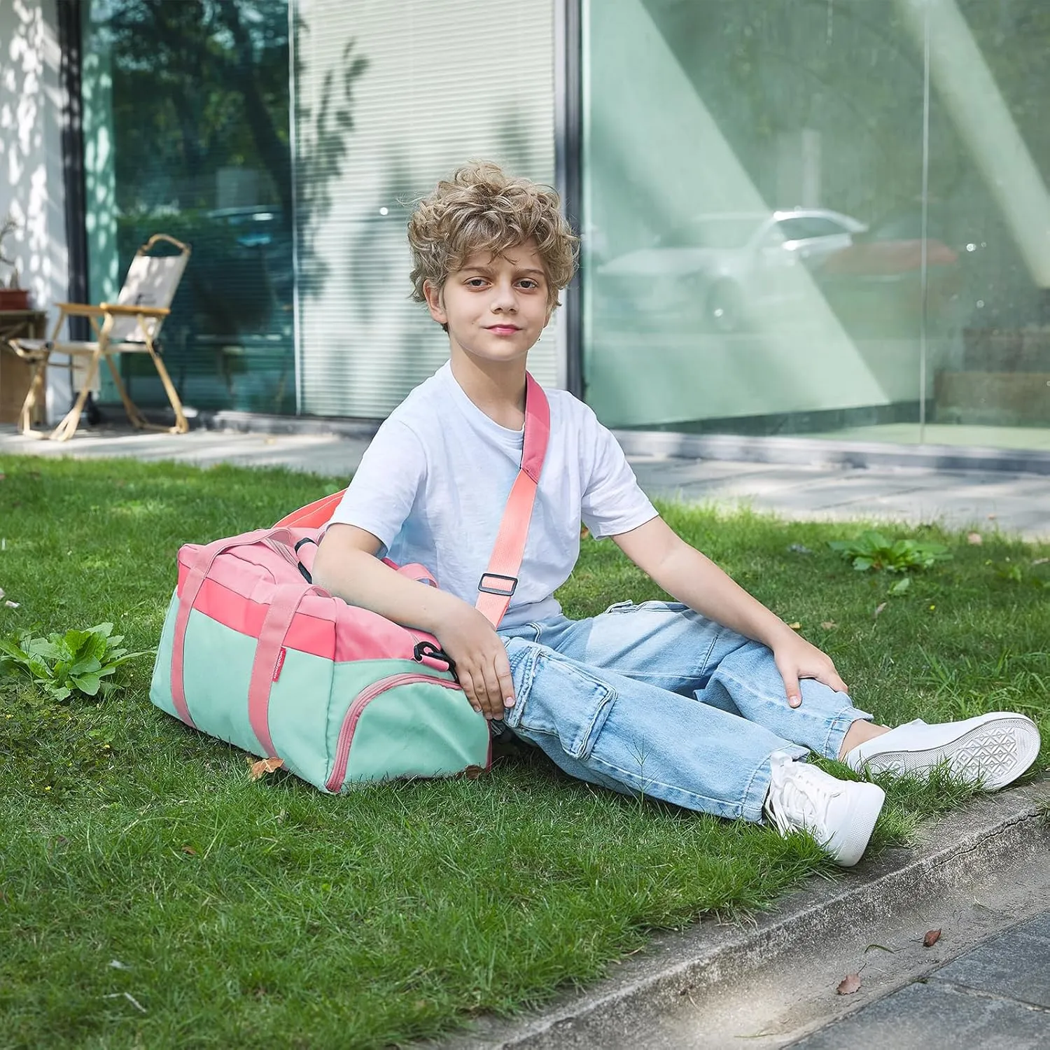 WOOMADA Travel Duffle Bag, Weekend Bag with Wet Pocket & Trolley Sleeve, Overnight Bag With Shoe Compartment, Fit for Sports Practice, Travel and Gifts(pink green)