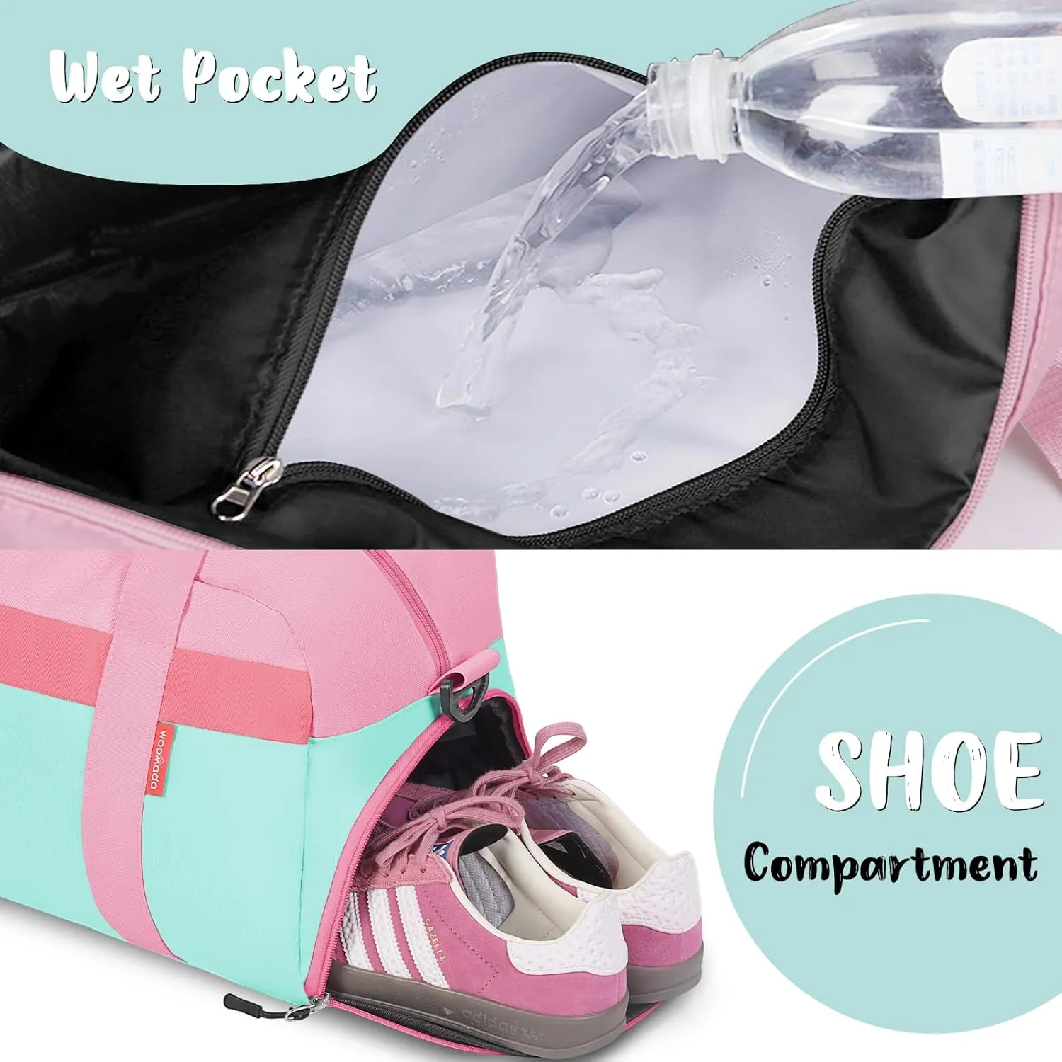 WOOMADA Travel Duffle Bag, Weekend Bag with Wet Pocket & Trolley Sleeve, Overnight Bag With Shoe Compartment, Fit for Sports Practice, Travel and Gifts(pink green)