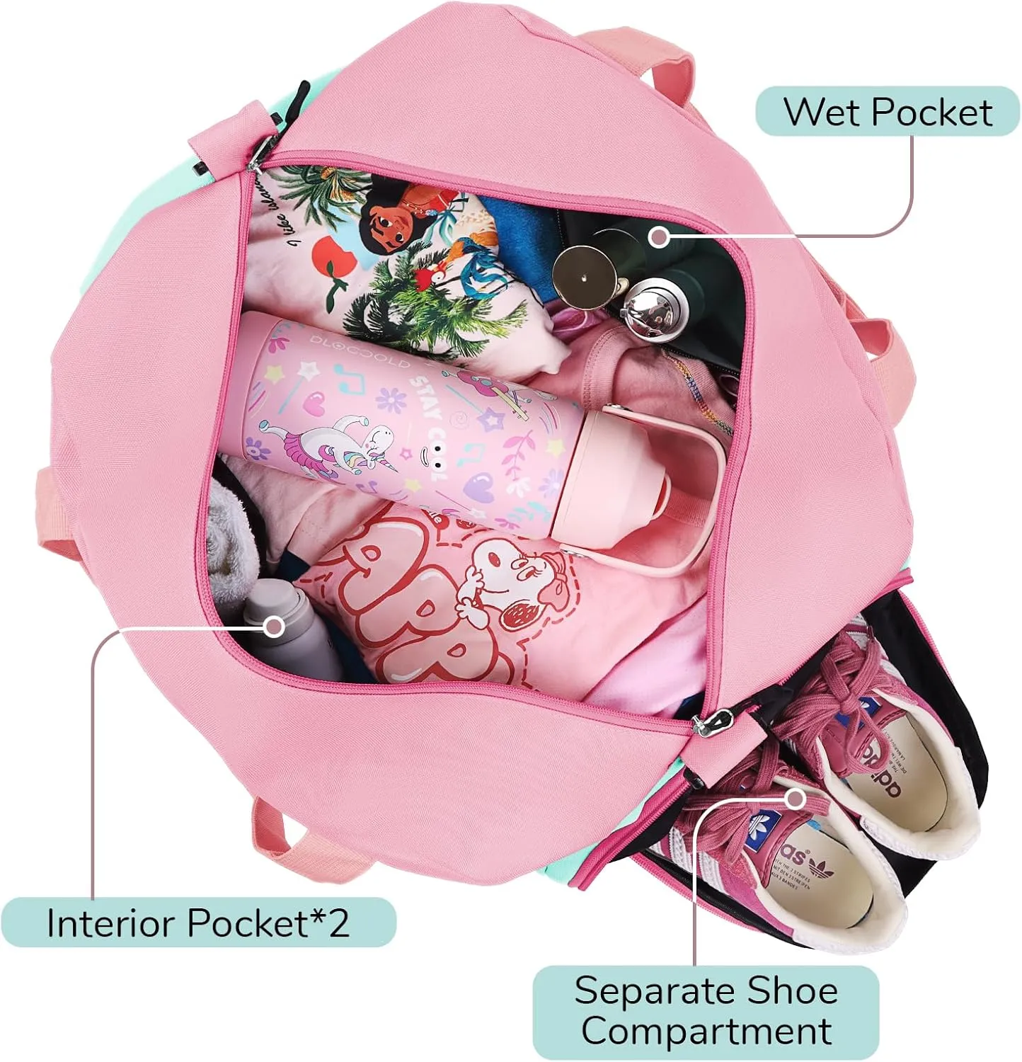 WOOMADA Travel Duffle Bag, Weekend Bag with Wet Pocket & Trolley Sleeve, Overnight Bag With Shoe Compartment, Fit for Sports Practice, Travel and Gifts(pink green)