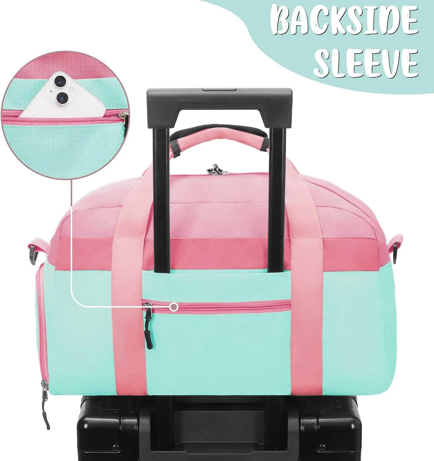 WOOMADA Travel Duffle Bag, Weekend Bag with Wet Pocket & Trolley Sleeve, Overnight Bag With Shoe Compartment, Fit for Sports Practice, Travel and Gifts(pink green)