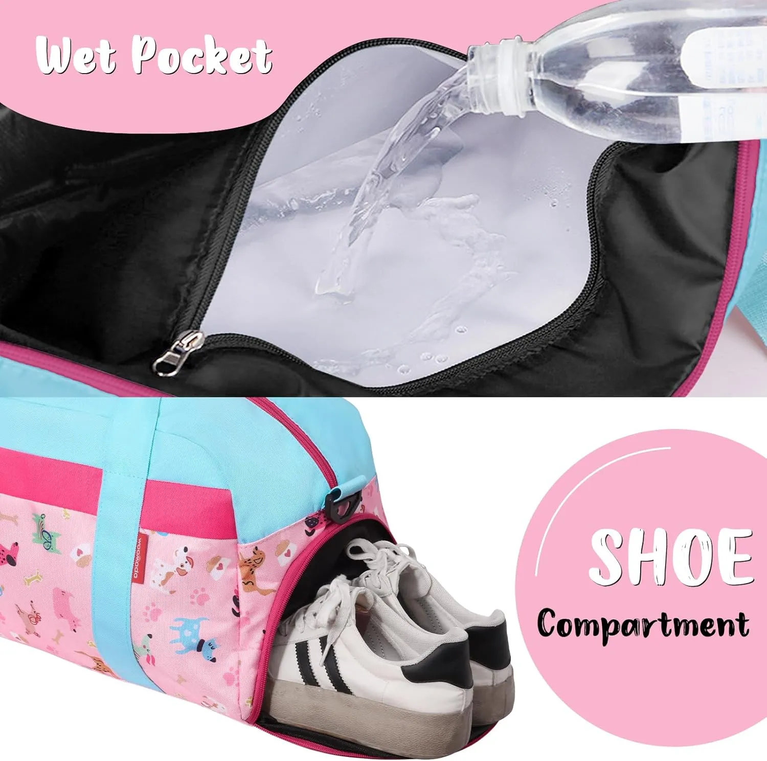 WOOMADA Travel Duffle Bag, Weekend Bag with Wet Pocket & Trolley Sleeve, Overnight Duffel(Pink Dog)