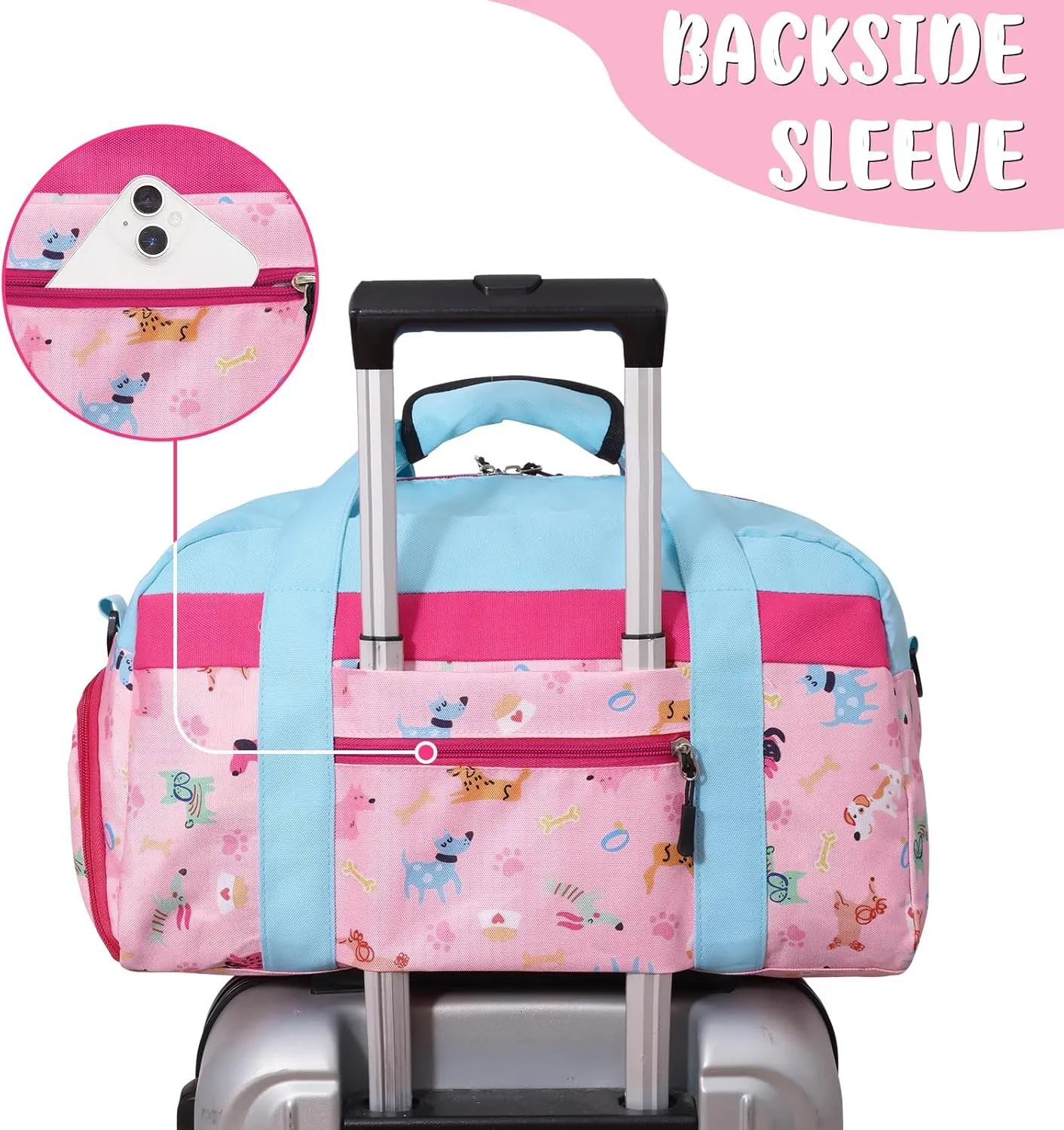 WOOMADA Travel Duffle Bag, Weekend Bag with Wet Pocket & Trolley Sleeve, Overnight Duffel(Pink Dog)