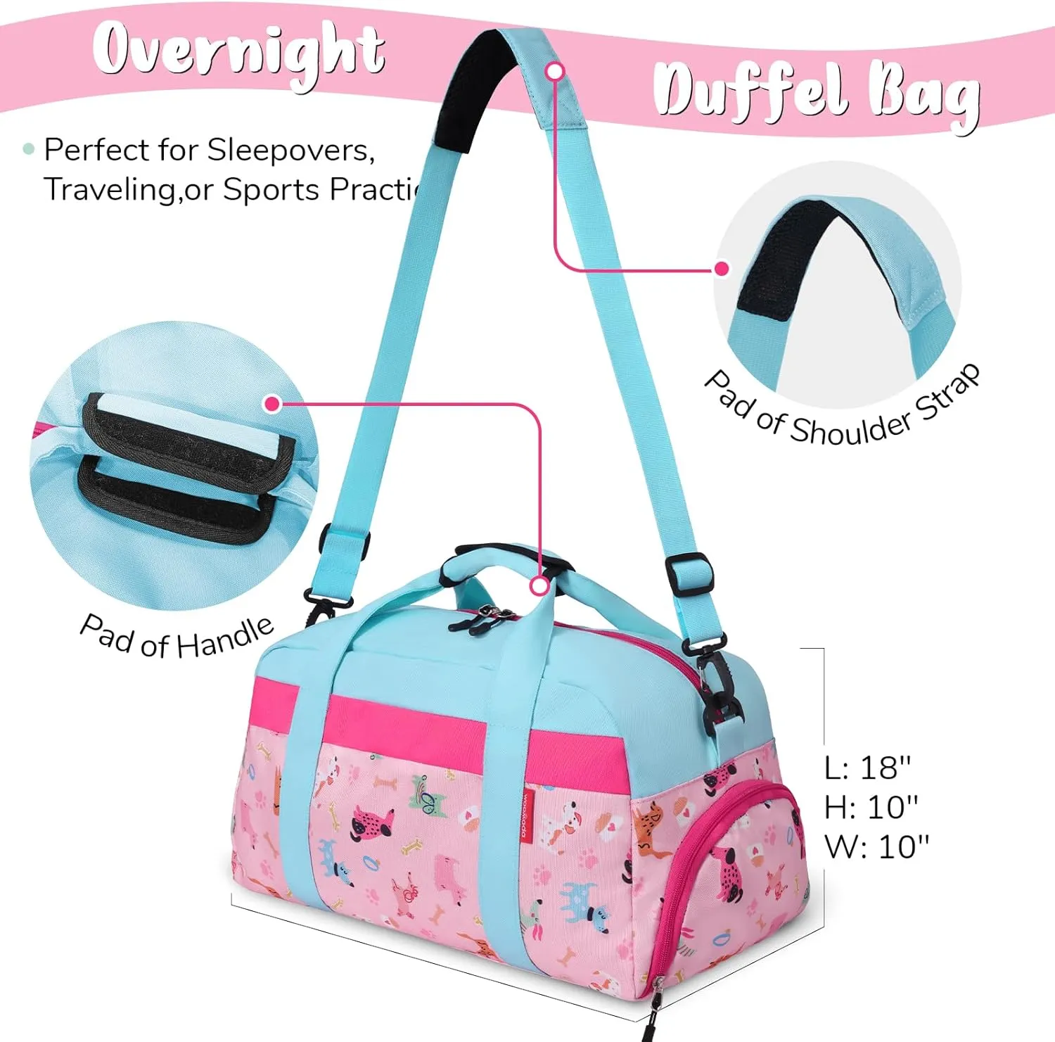 WOOMADA Travel Duffle Bag, Weekend Bag with Wet Pocket & Trolley Sleeve, Overnight Duffel(Pink Dog)