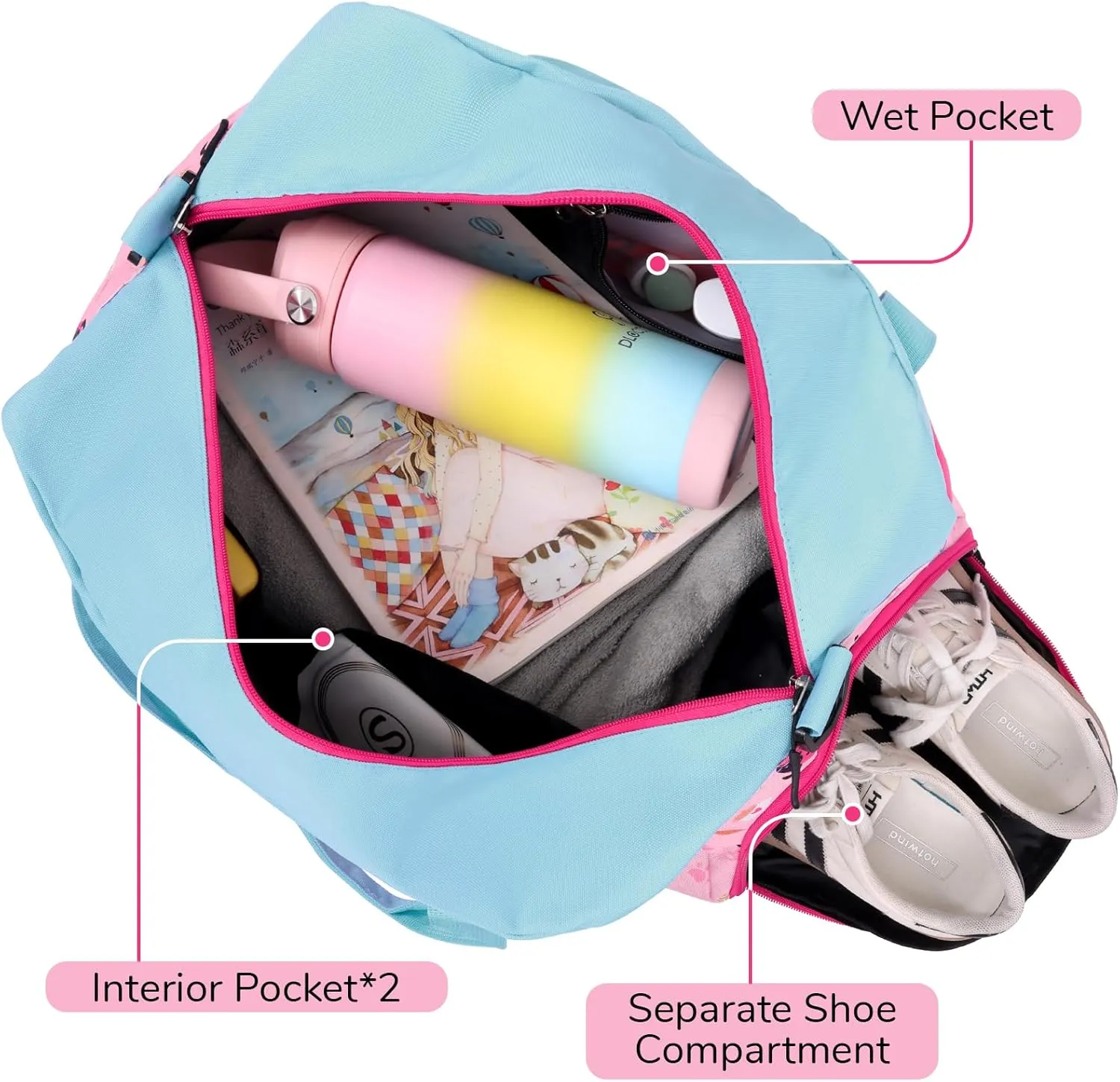 WOOMADA Travel Duffle Bag, Weekend Bag with Wet Pocket & Trolley Sleeve, Overnight Duffel(Pink Dog)