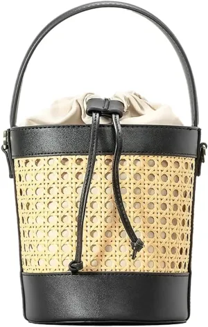 Woven Rattan Bag for Women Perforated PU Leather Bucket Bag Summer Top-handle Drawstring Handbag Purses