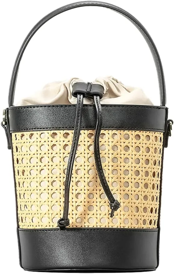 Woven Rattan Bag for Women Perforated PU Leather Bucket Bag Summer Top-handle Drawstring Handbag Purses