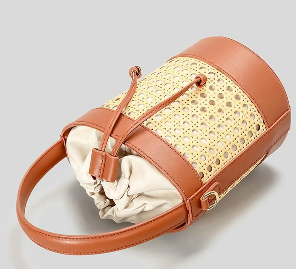 Woven Rattan Bag for Women Perforated PU Leather Bucket Bag Summer Top-handle Drawstring Handbag Purses