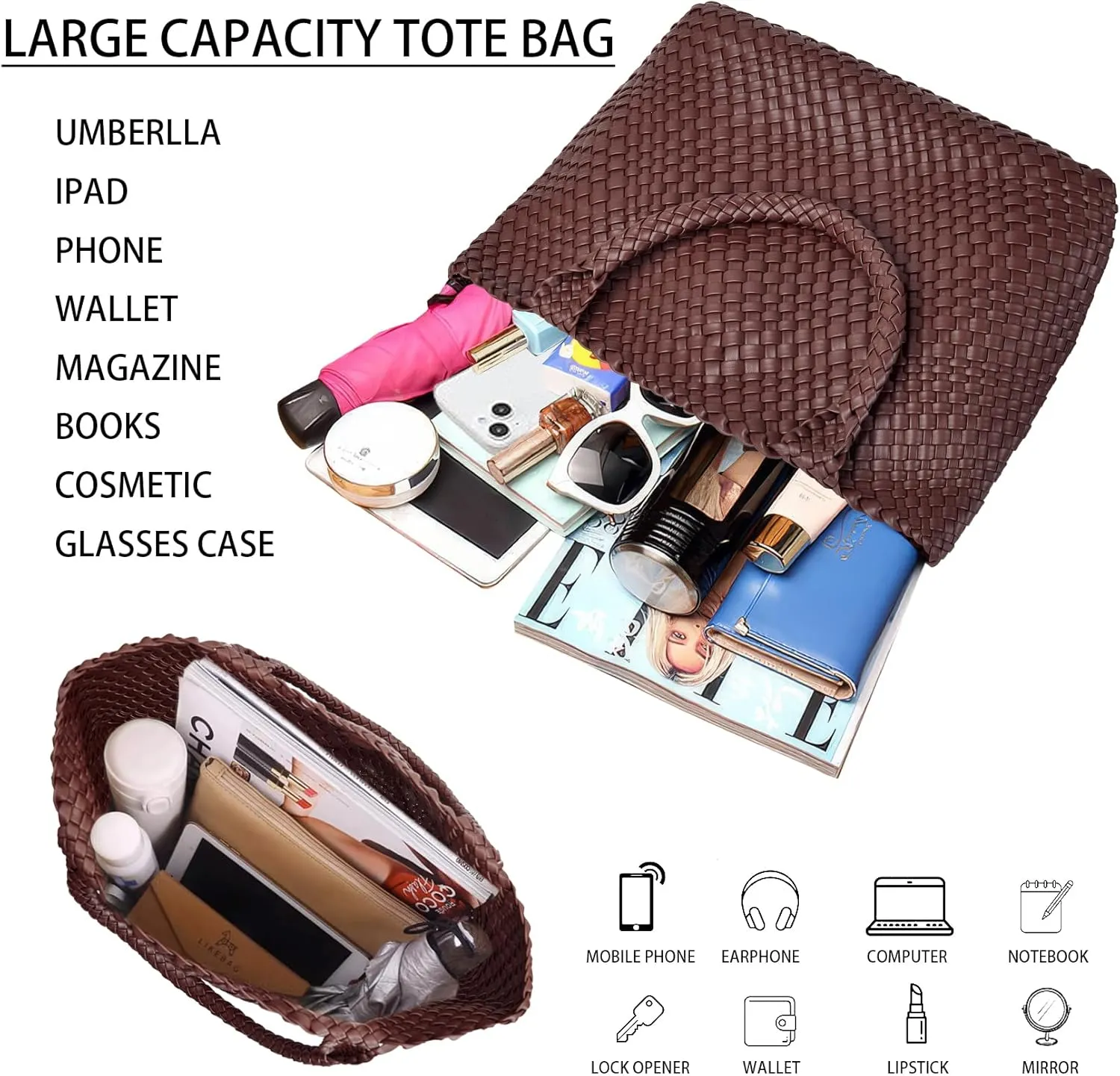 Woven Shoulder Bag for Women, Fashion Top Handle Soft Vegan Leather Shopper