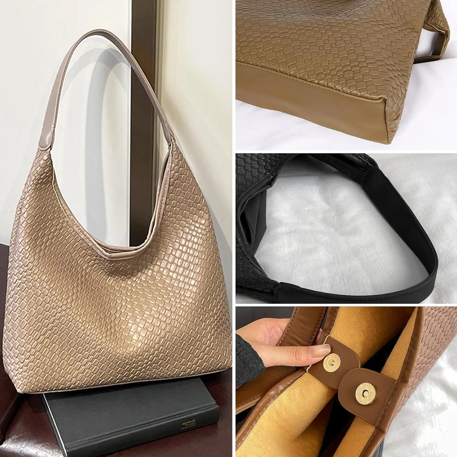 Woven Soft Leather Tote Bag, Leather Shoulder Bag for women