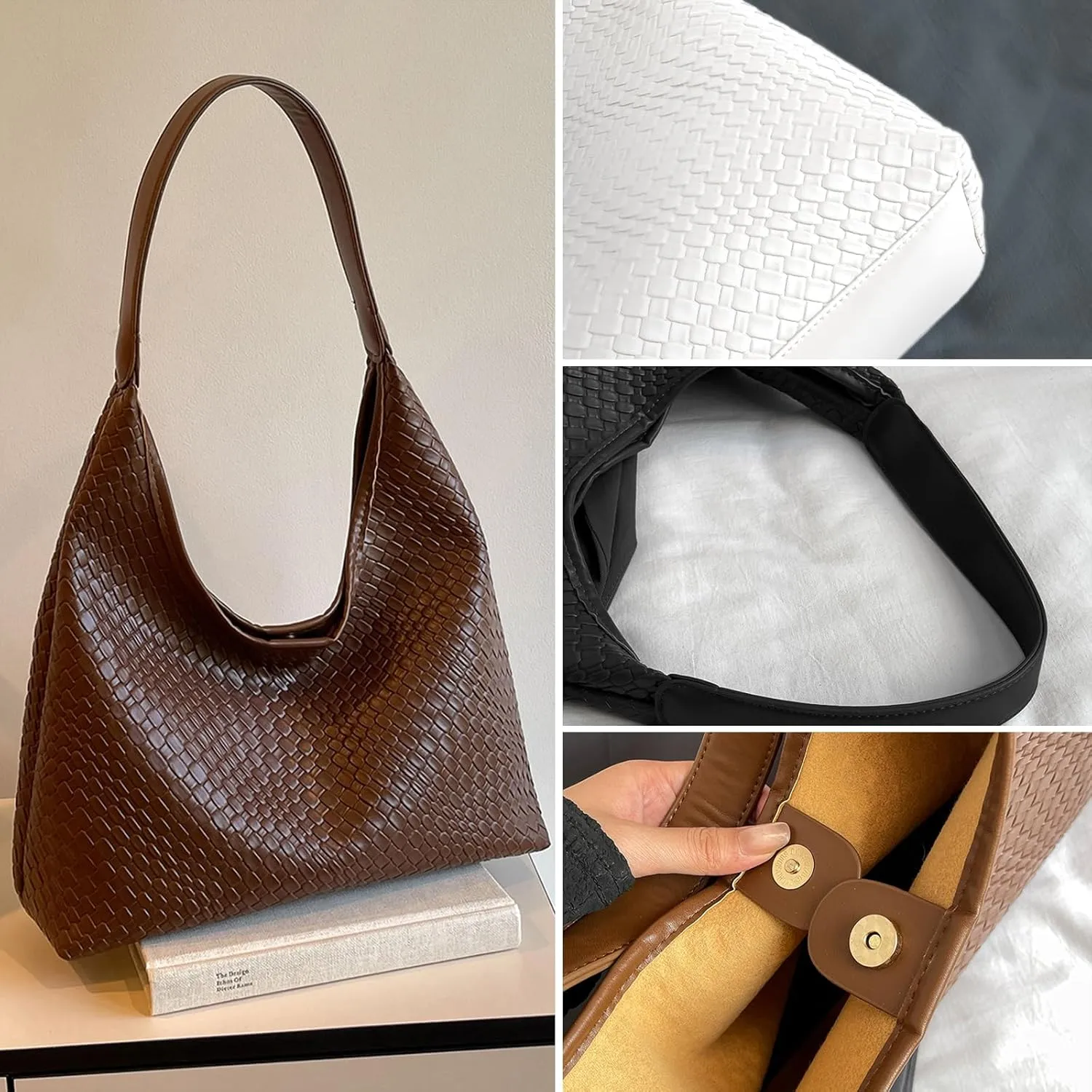 Woven Soft Leather Tote Bag, Leather Shoulder Bag for women