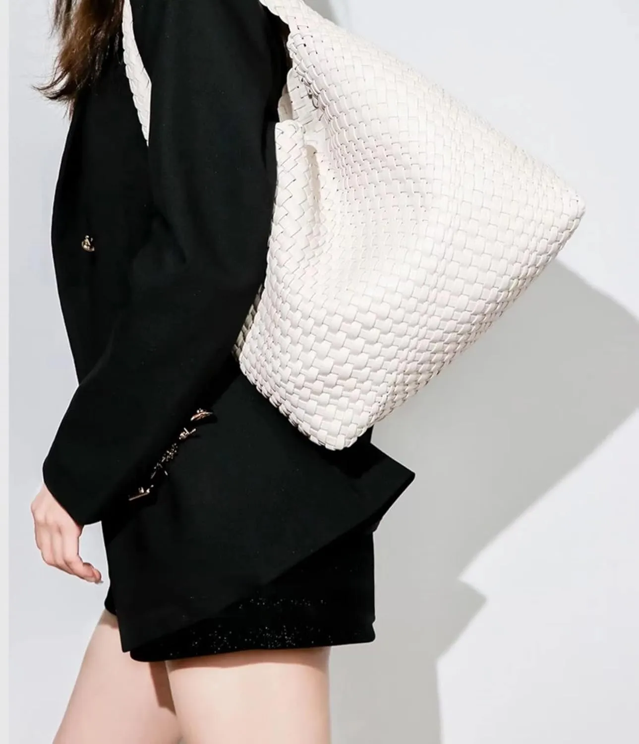 Woven Tote Bag for Women Soft Leather Tote Handbags Fashion Woven Shoulder Bag for Women Daily，Shopping