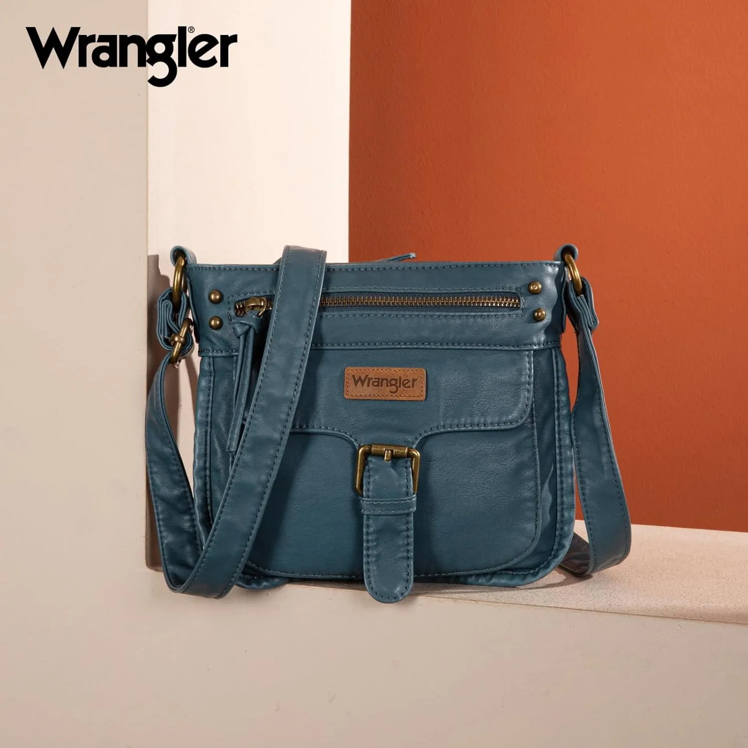 Wrangler Crossbody Bag for Women Small Soft Washed Leather Multi Pocket Shoulder Purses
