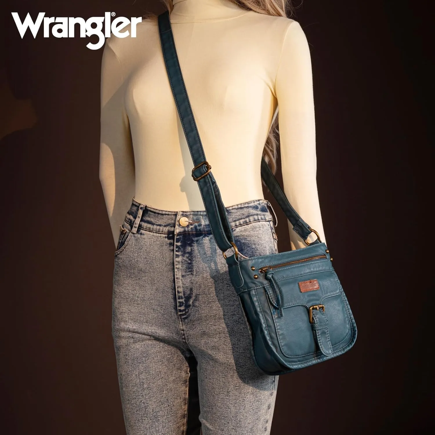 Wrangler Crossbody Bag for Women Small Soft Washed Leather Multi Pocket Shoulder Purses