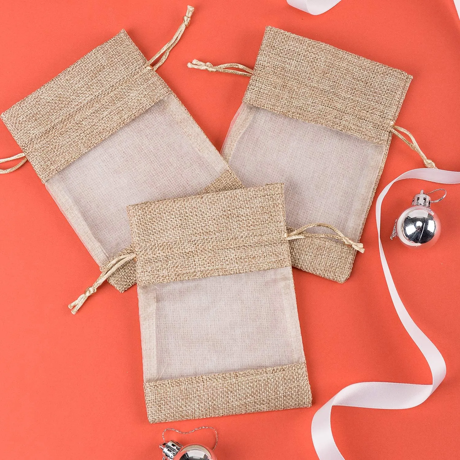WRAPAHOLIC 4x5.5 inch 20 pcs Burlap Drawstring Gift Bag - Burlap with One Side Organza Wedding Party Welcome Favor Bags - Tan