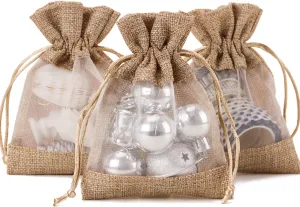 WRAPAHOLIC 4x5.5 inch 20 pcs Burlap Drawstring Gift Bag - Burlap with One Side Organza Wedding Party Welcome Favor Bags - Tan