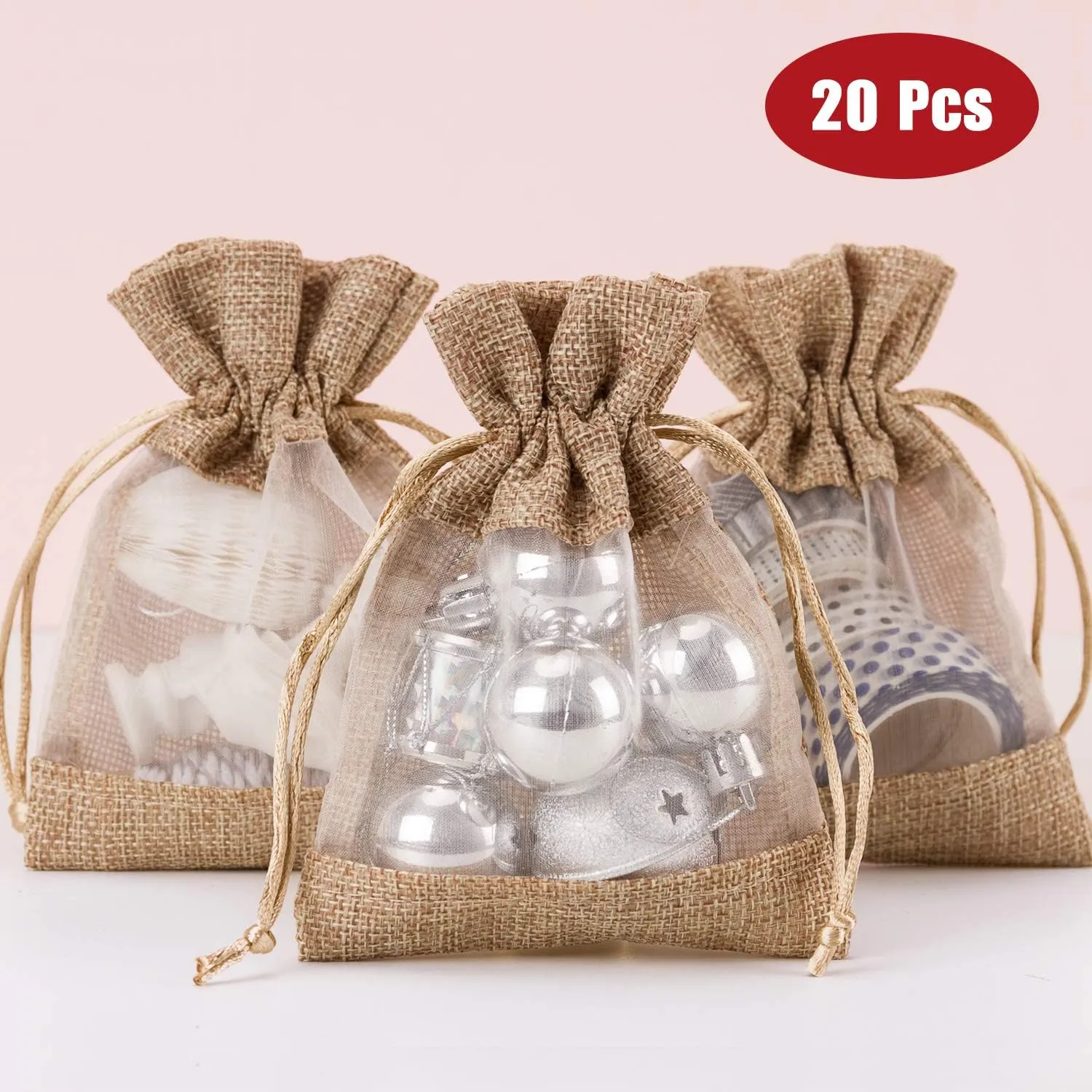 WRAPAHOLIC 4x5.5 inch 20 pcs Burlap Drawstring Gift Bag - Burlap with One Side Organza Wedding Party Welcome Favor Bags - Tan