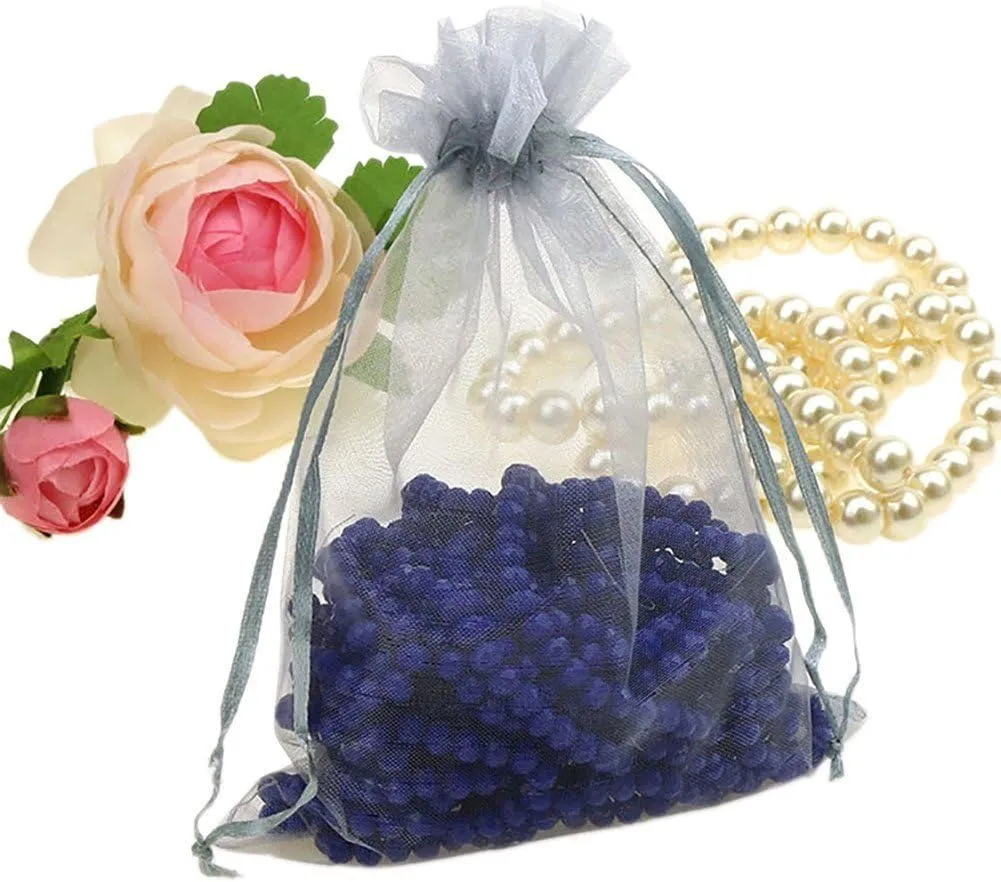 Wudygirl 100pcs Sheer Grey Organza Bags 5 x 7 Inch with Drawstring Transparent Jewelry Pouches Party Wedding Holidays Favor Seashell Candy Favor Bags(Grey 5x7'')