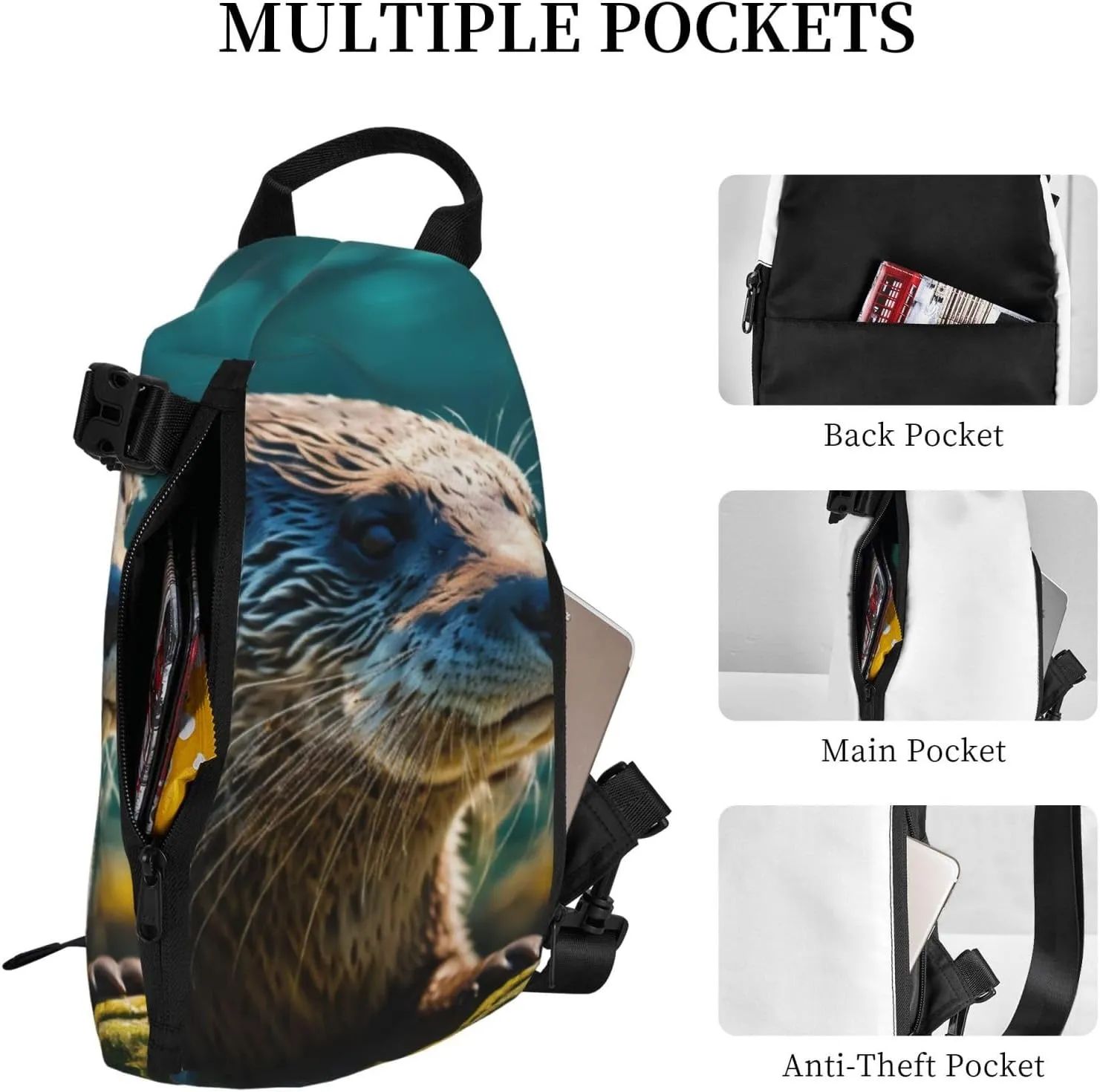 WURTON Animal Cute Brown Otters Print Crossbody Backpack Cross Pack Lightweight Sling Bag Travel, Hiking