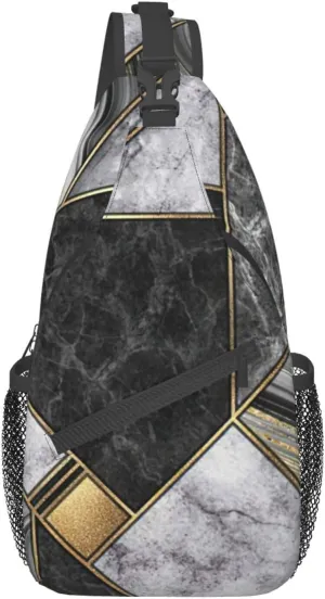WURTON Black Marble Texture Gold Print Crossbody Sling Backpack Sling Bag Travel Hiking Chest Bag Daypack