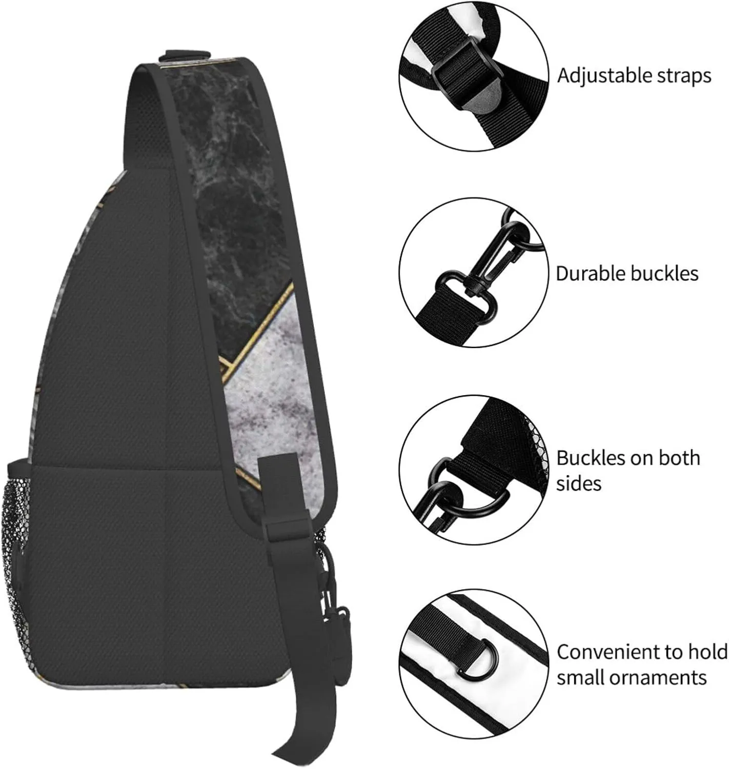 WURTON Black Marble Texture Gold Print Crossbody Sling Backpack Sling Bag Travel Hiking Chest Bag Daypack