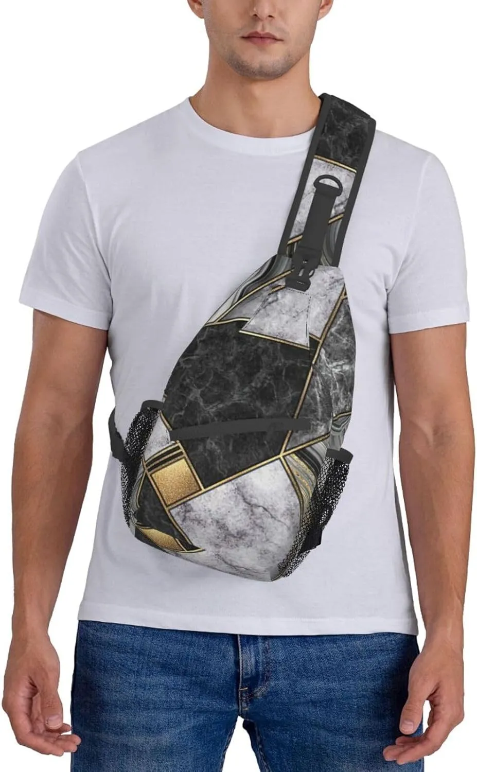 WURTON Black Marble Texture Gold Print Crossbody Sling Backpack Sling Bag Travel Hiking Chest Bag Daypack