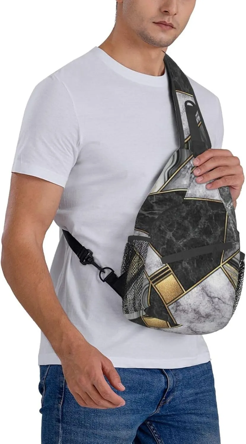 WURTON Black Marble Texture Gold Print Crossbody Sling Backpack Sling Bag Travel Hiking Chest Bag Daypack