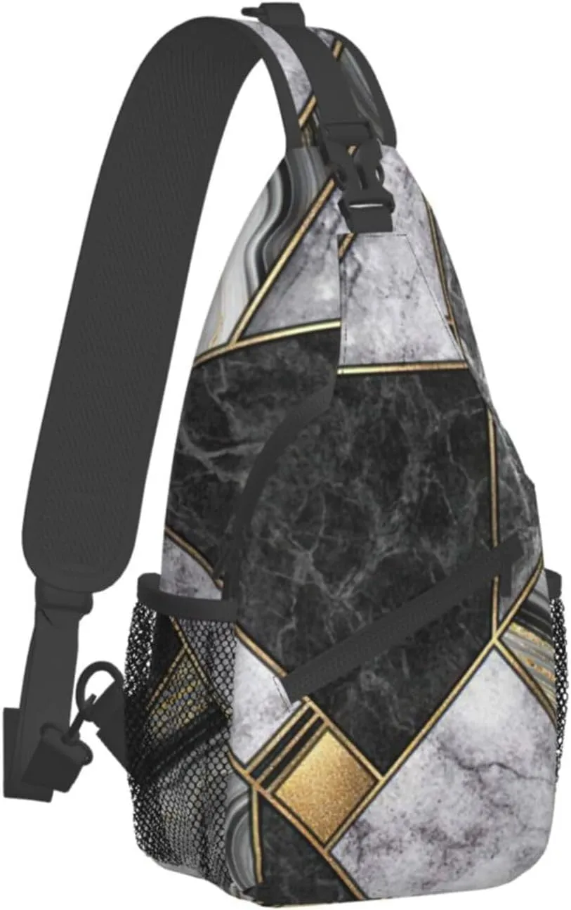 WURTON Black Marble Texture Gold Print Crossbody Sling Backpack Sling Bag Travel Hiking Chest Bag Daypack