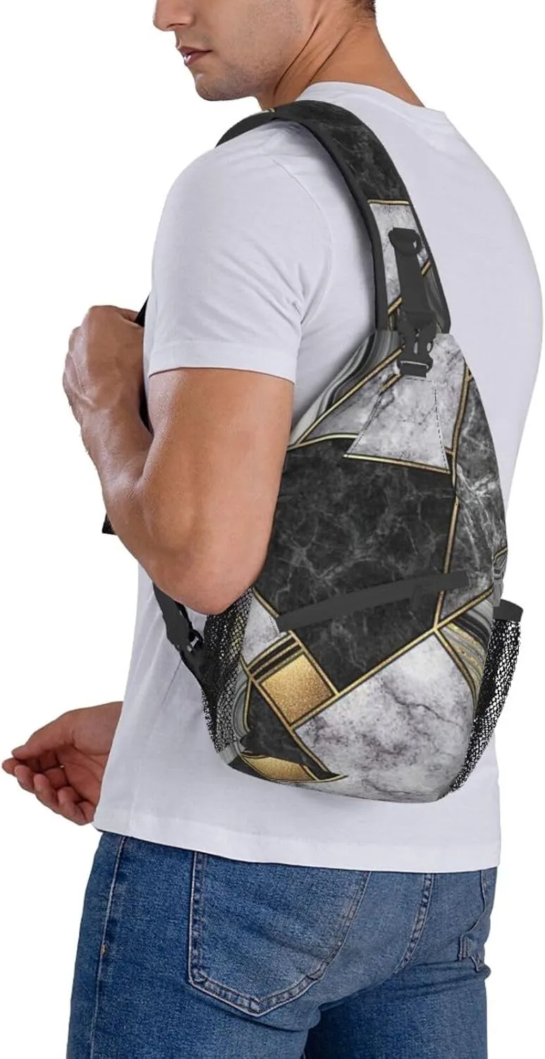 WURTON Black Marble Texture Gold Print Crossbody Sling Backpack Sling Bag Travel Hiking Chest Bag Daypack