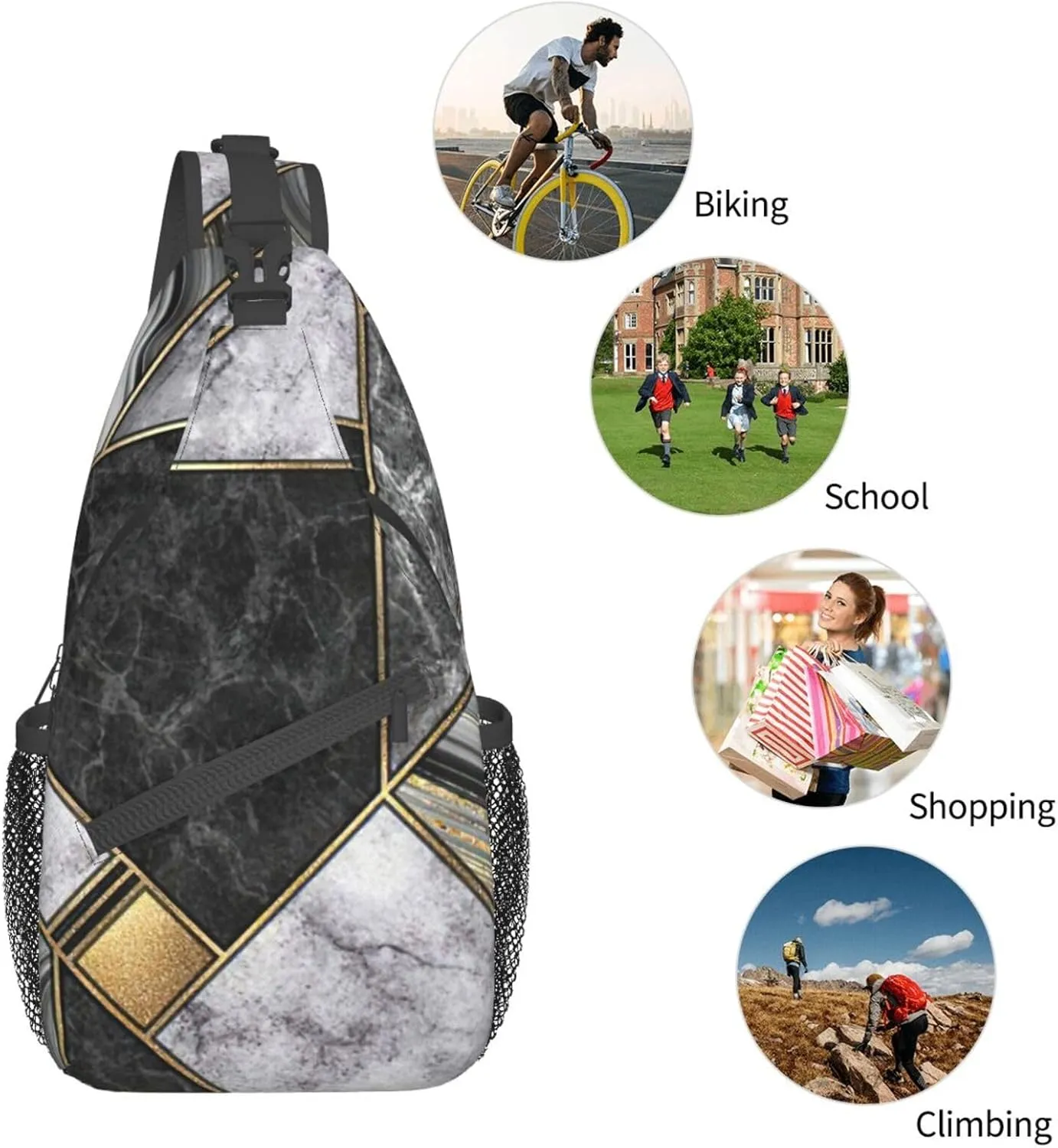 WURTON Black Marble Texture Gold Print Crossbody Sling Backpack Sling Bag Travel Hiking Chest Bag Daypack