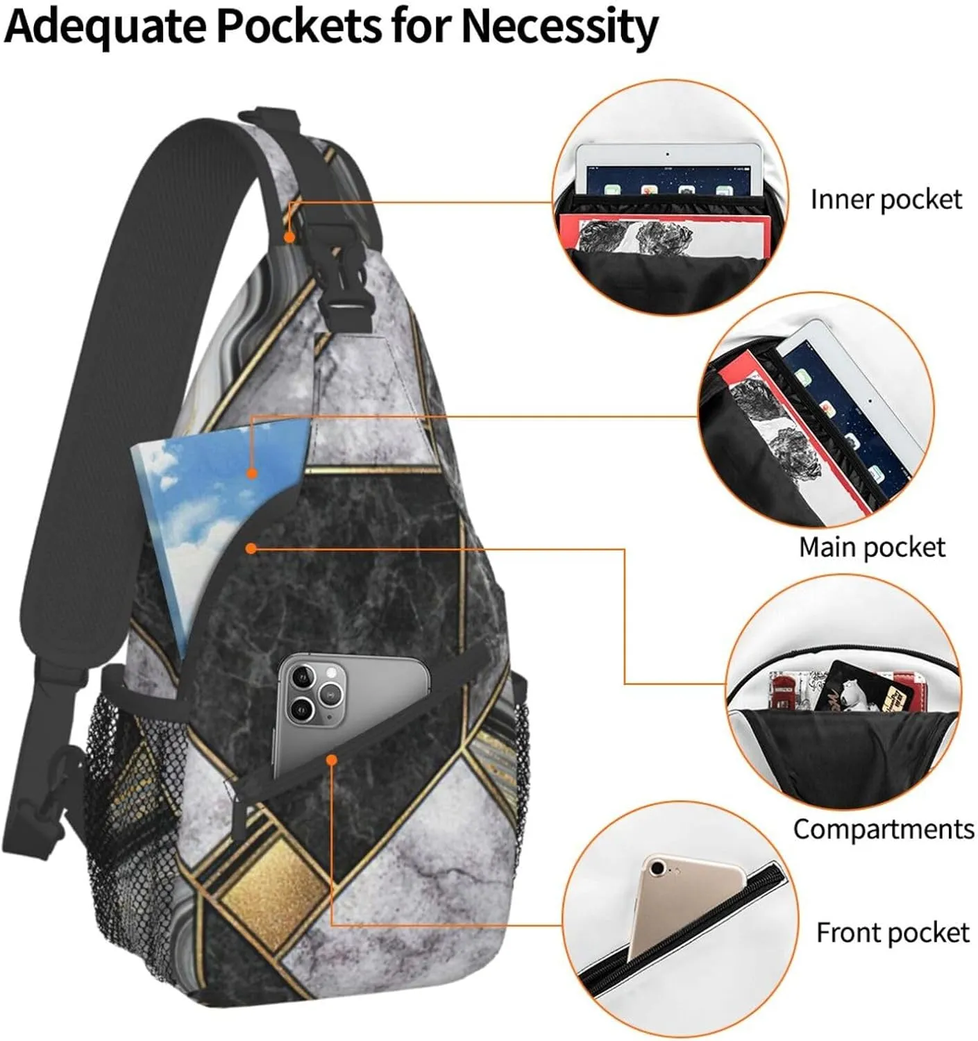 WURTON Black Marble Texture Gold Print Crossbody Sling Backpack Sling Bag Travel Hiking Chest Bag Daypack