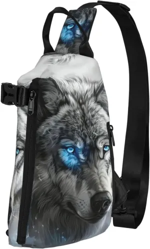 WURTON Blue Eyes Wolf Print Crossbody Backpack Cross Pack Lightweight Sling Bag Travel, Hiking
