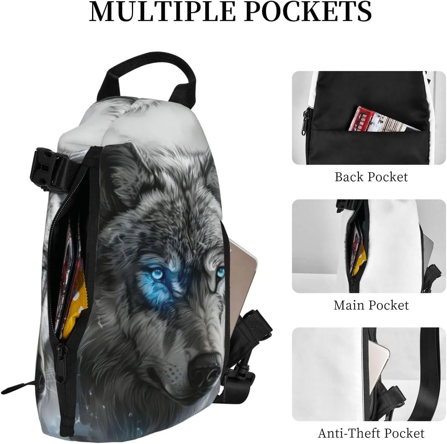 WURTON Blue Eyes Wolf Print Crossbody Backpack Cross Pack Lightweight Sling Bag Travel, Hiking