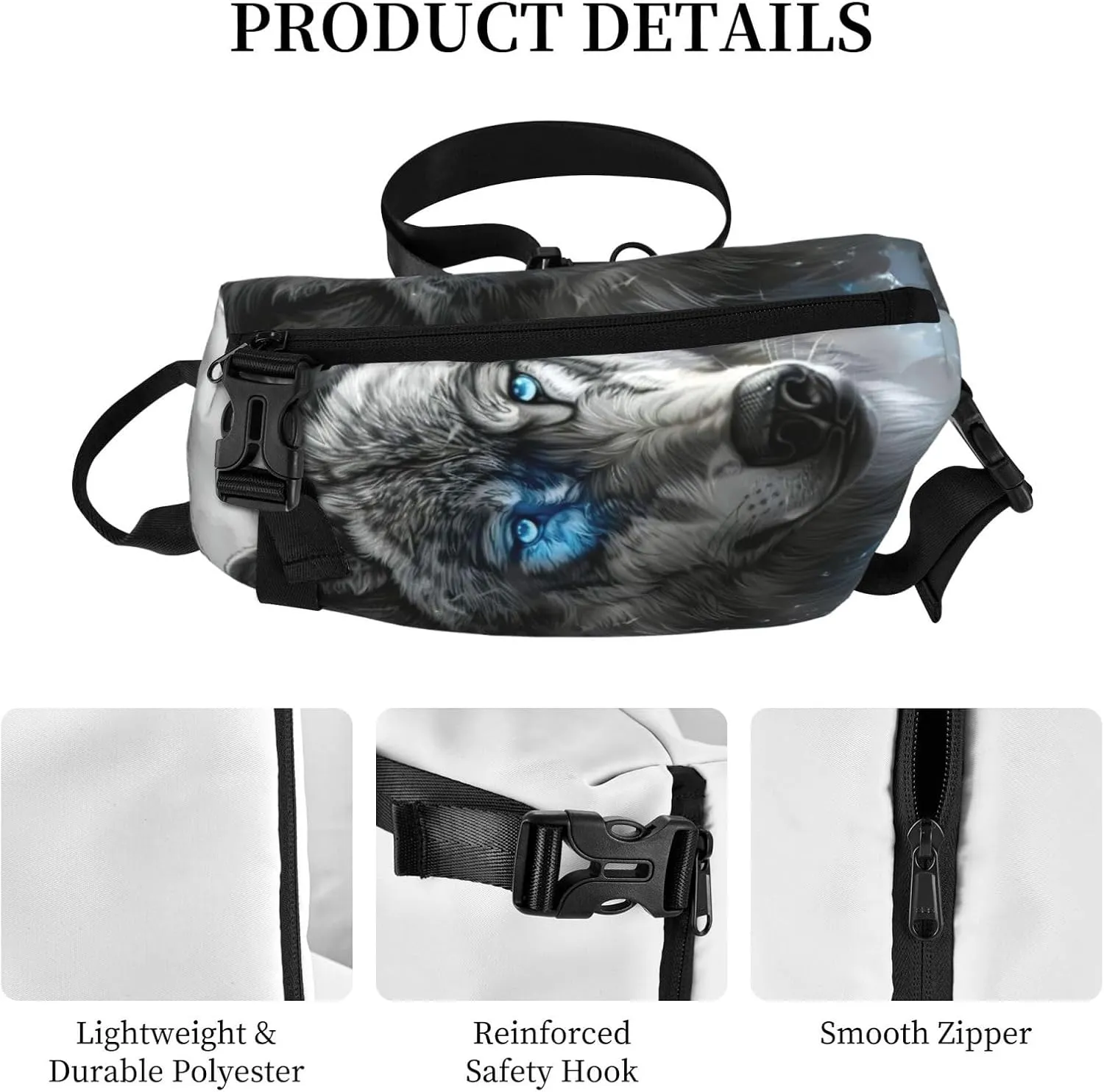 WURTON Blue Eyes Wolf Print Crossbody Backpack Cross Pack Lightweight Sling Bag Travel, Hiking
