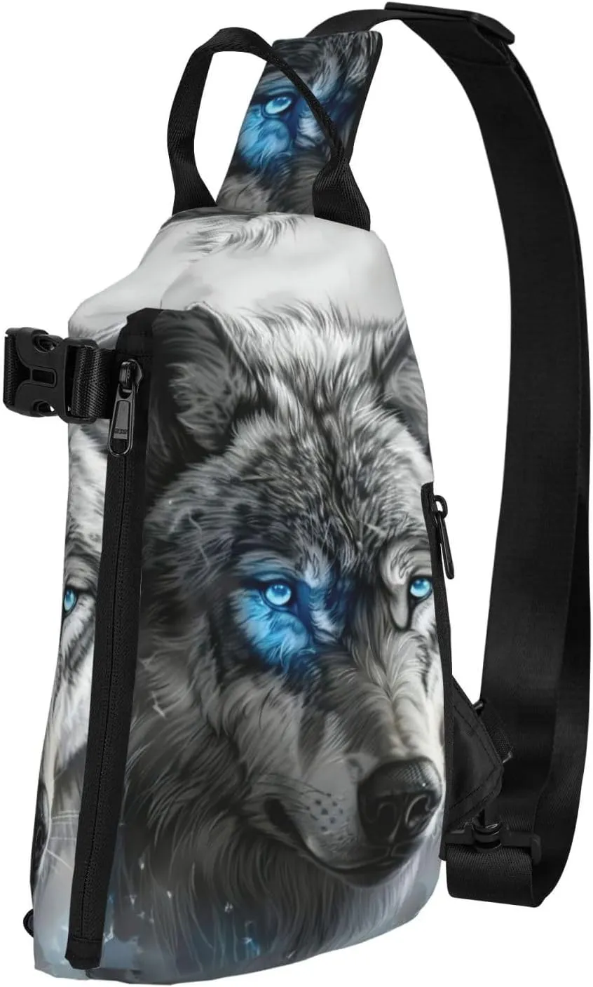 WURTON Blue Eyes Wolf Print Crossbody Backpack Cross Pack Lightweight Sling Bag Travel, Hiking