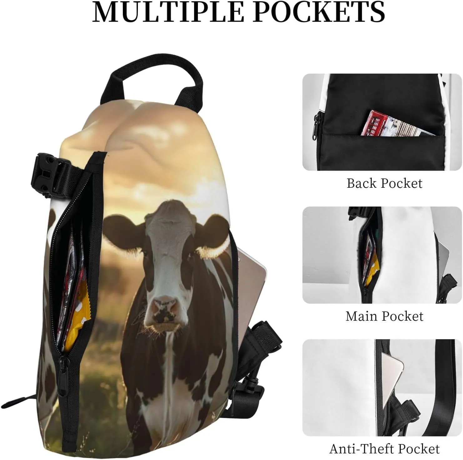 WURTON Dairy Cow Print Crossbody Backpack Cross Pack Lightweight Sling Bag Travel, Hiking